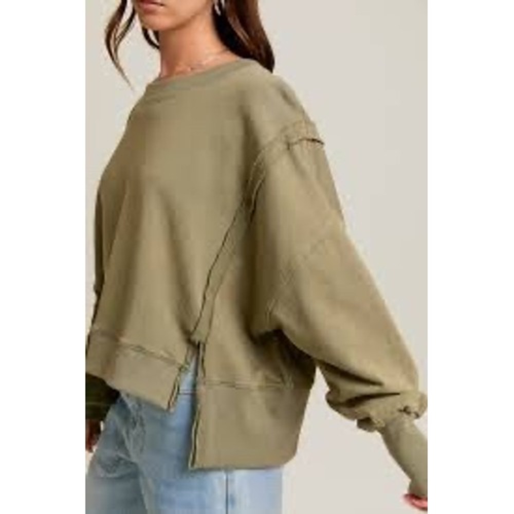 Free People We The Free Camden Sweatshirt Olive Green Oversized Raw Seam XS